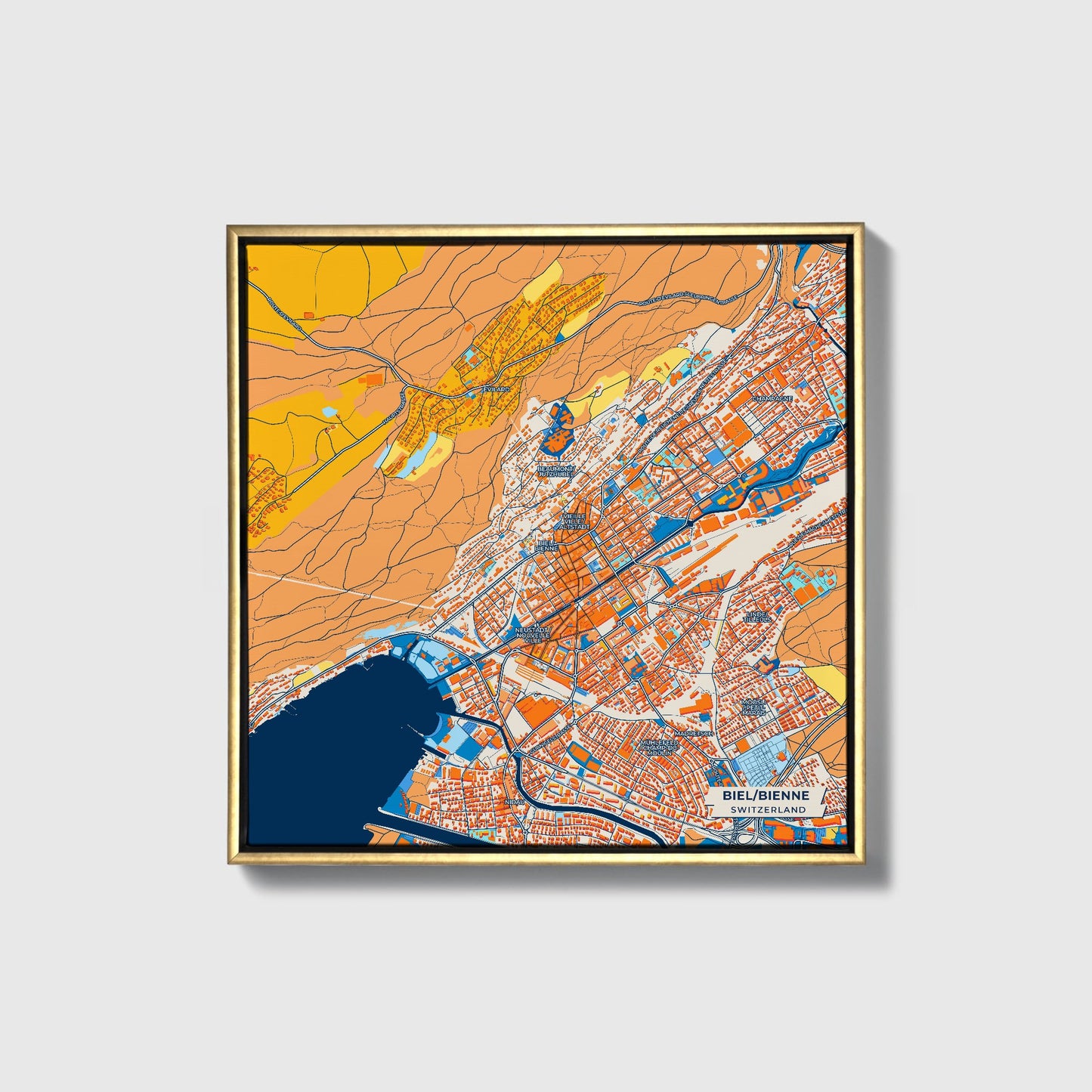 Biel/Bienne Switzerland Colorful City Map Canvas Print • Gold Framed