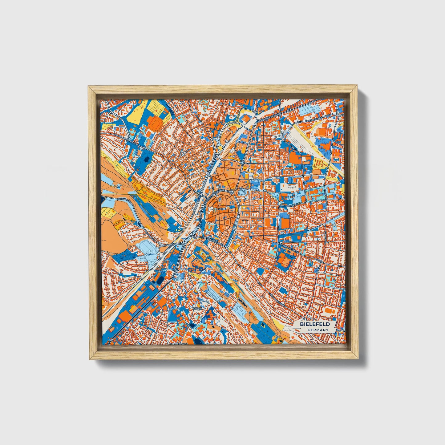 Bielefeld Germany Colorful City Map Canvas Print • Natural Wooden Framed