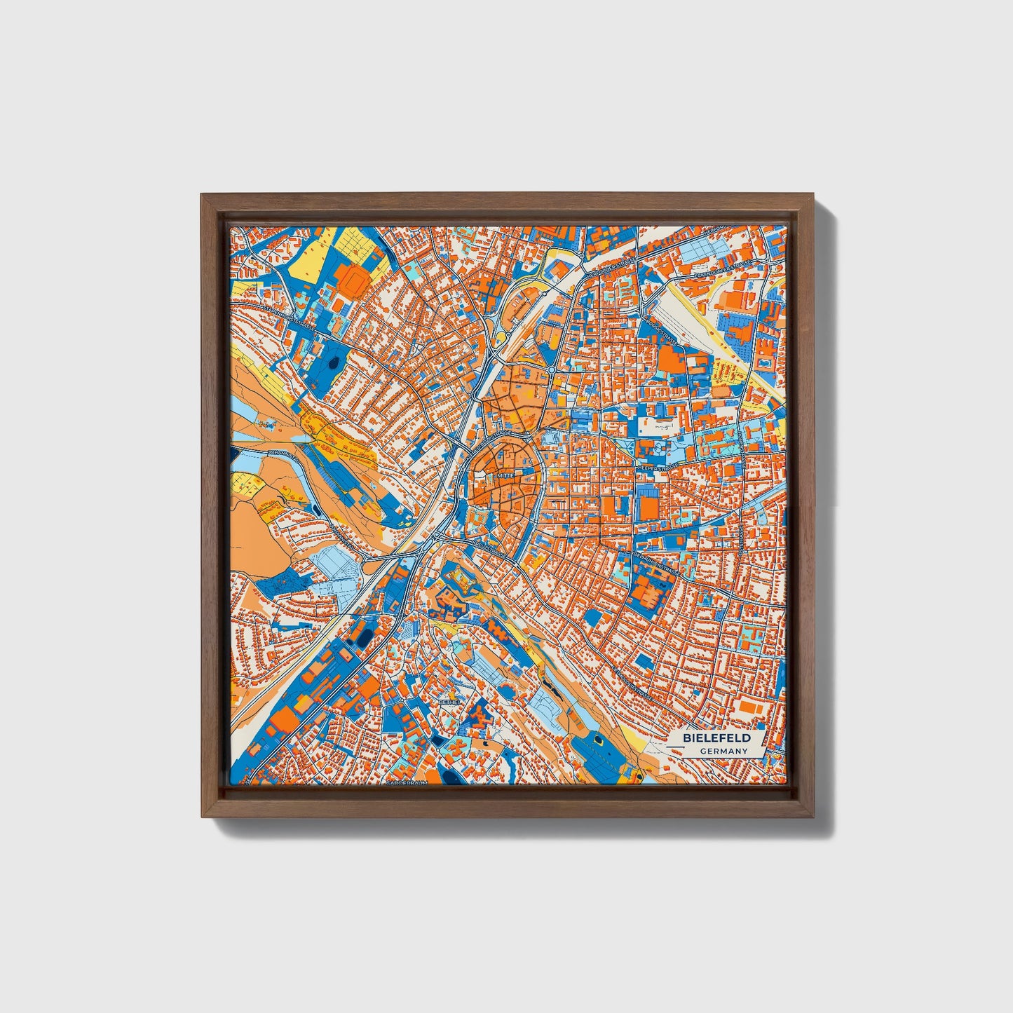 Bielefeld Germany Colorful City Map Canvas Print • Dark Wooden Framed
