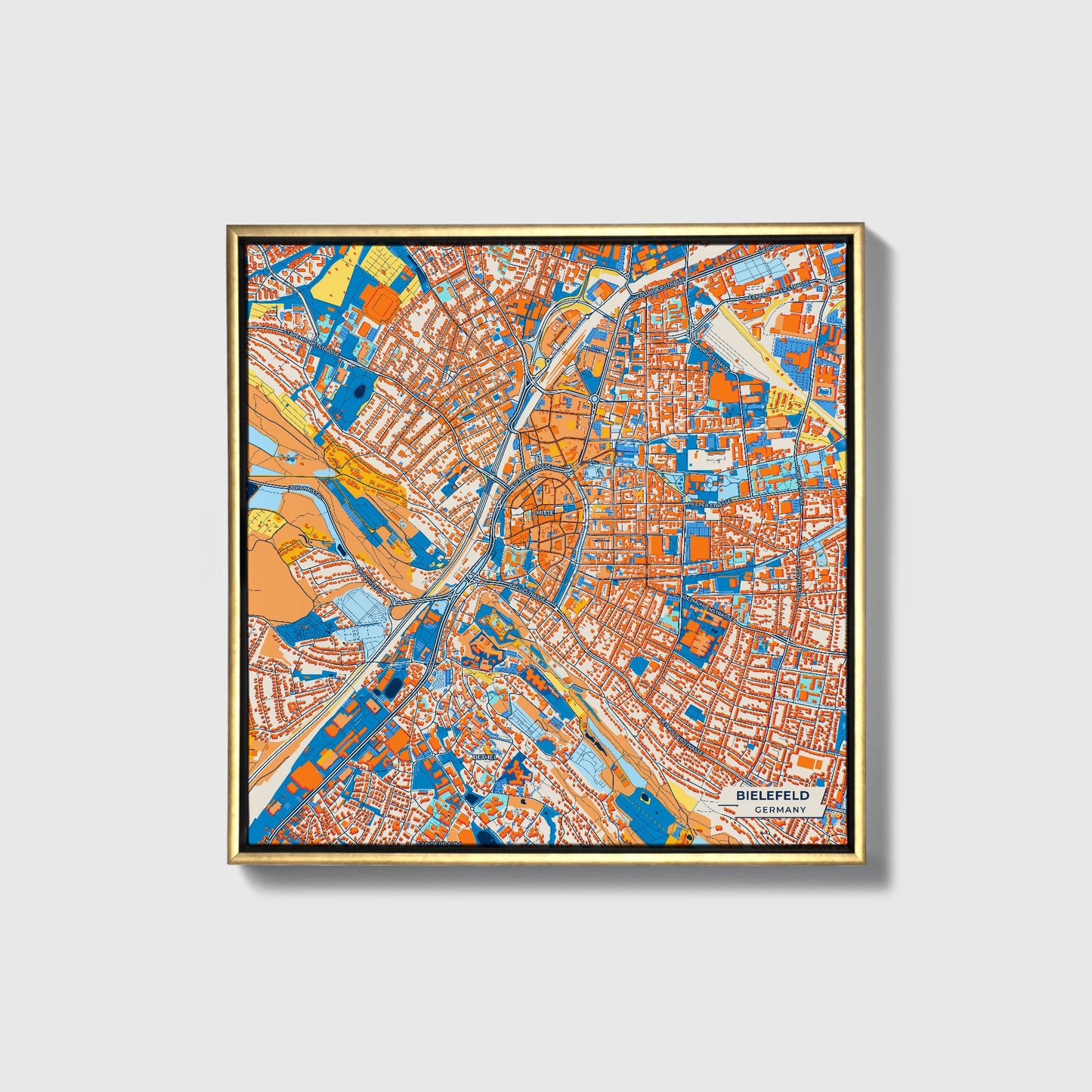 Bielefeld Germany Colorful City Map Canvas Print • Gold Framed