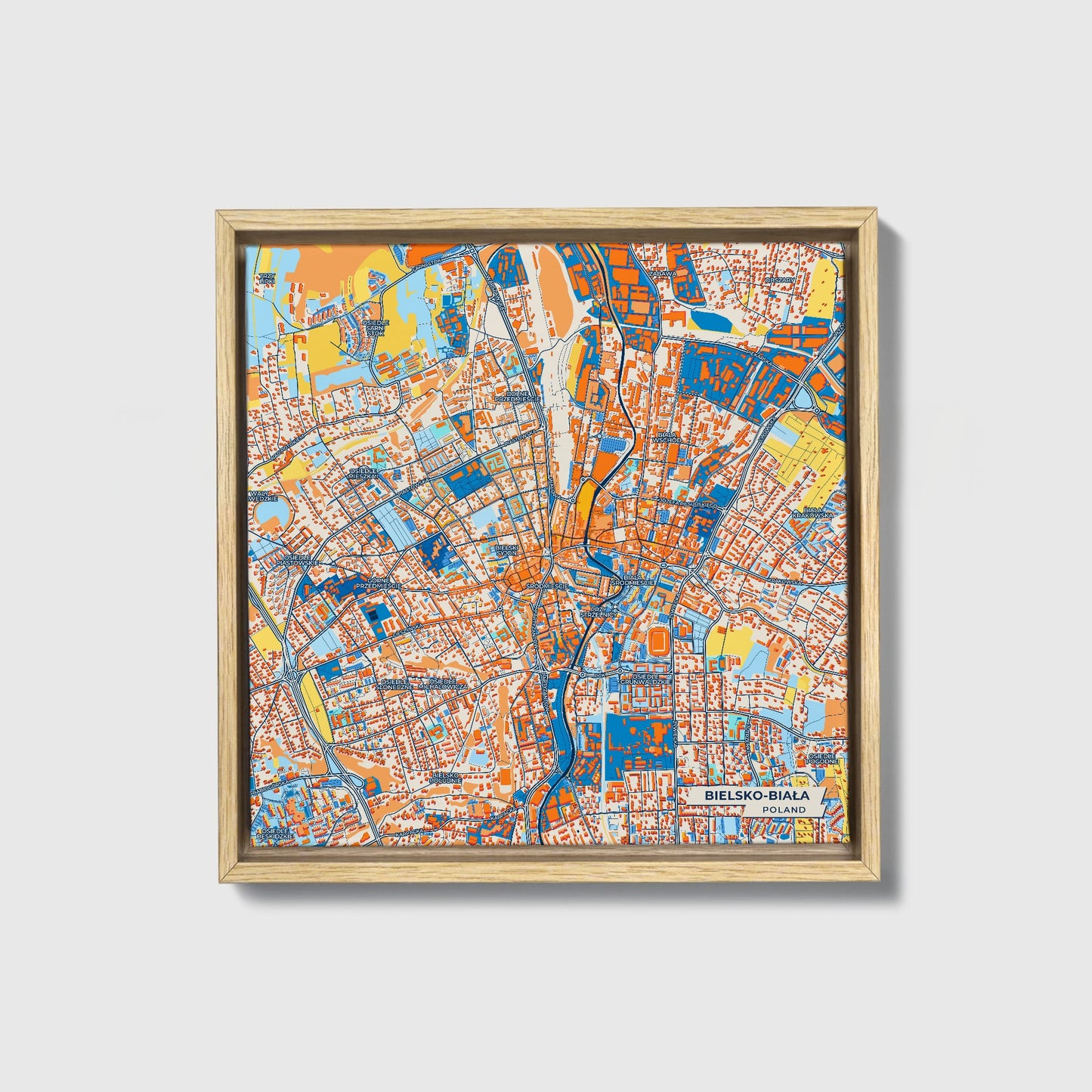 Bielsko-Biała Poland Colorful City Map Canvas Print • Natural Wooden Framed