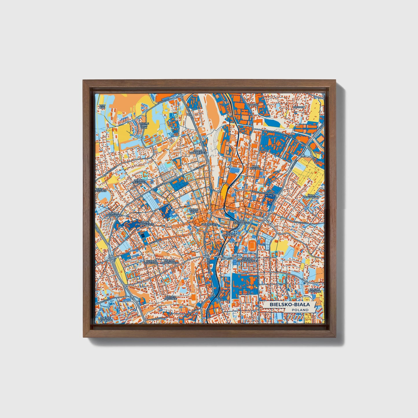 Bielsko-Biała Poland Colorful City Map Canvas Print • Dark Wooden Framed