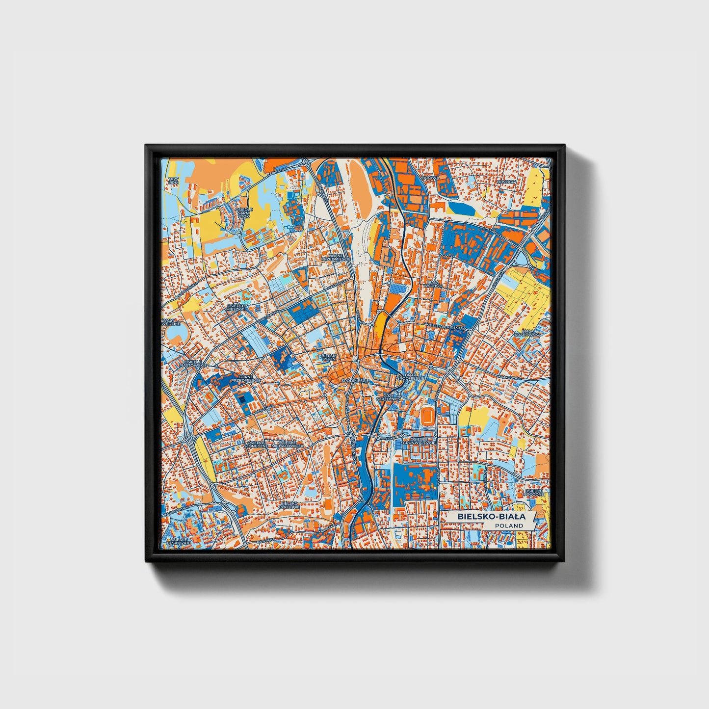 Bielsko-Biała Poland Colorful City Map Canvas Print • Black Framed