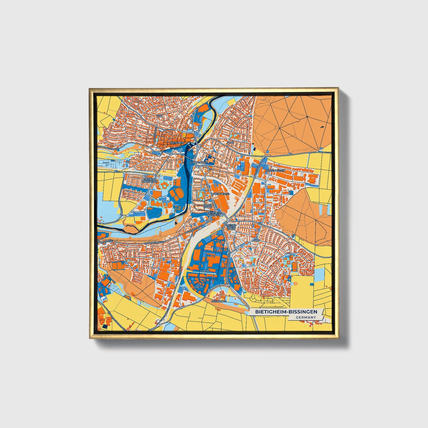Bietigheim-Bissingen Germany Colorful City Map Canvas Print • Gold Framed