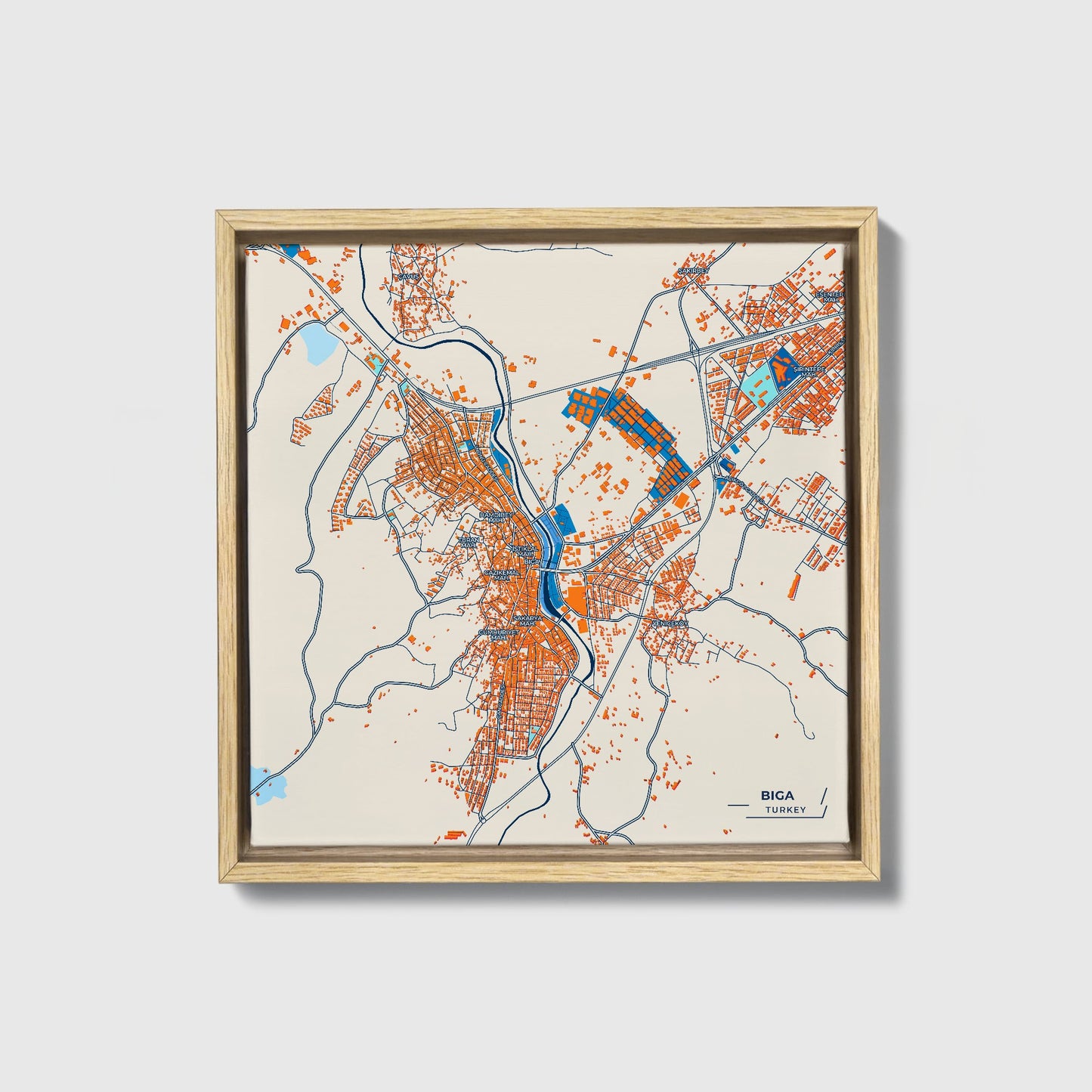 Bi̇ga Turkey Colorful City Map Canvas Print • Natural Wooden Framed
