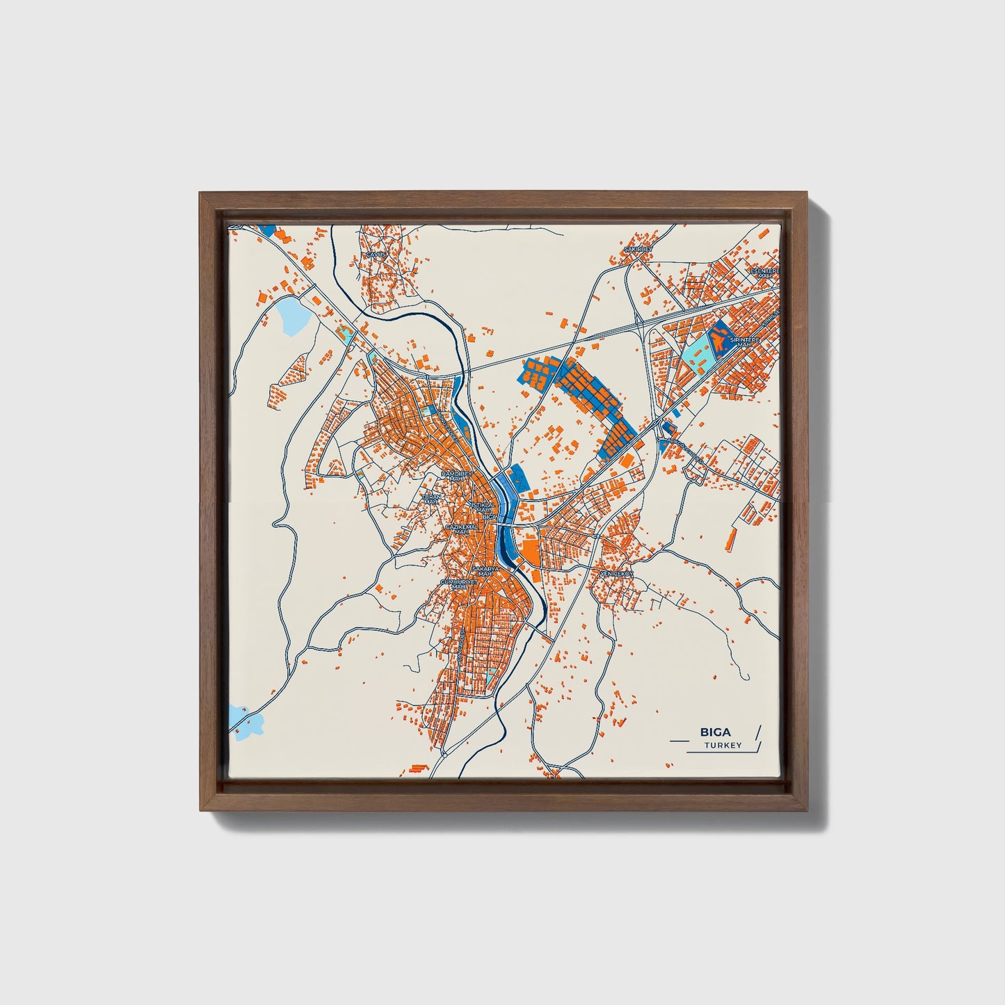 Bi̇ga Turkey Colorful City Map Canvas Print • Dark Wooden Framed