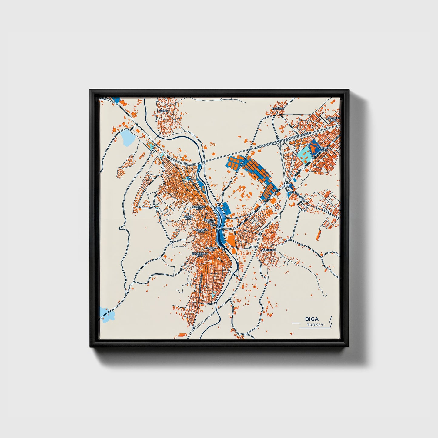 Bi̇ga Turkey Colorful City Map Canvas Print • Black Framed