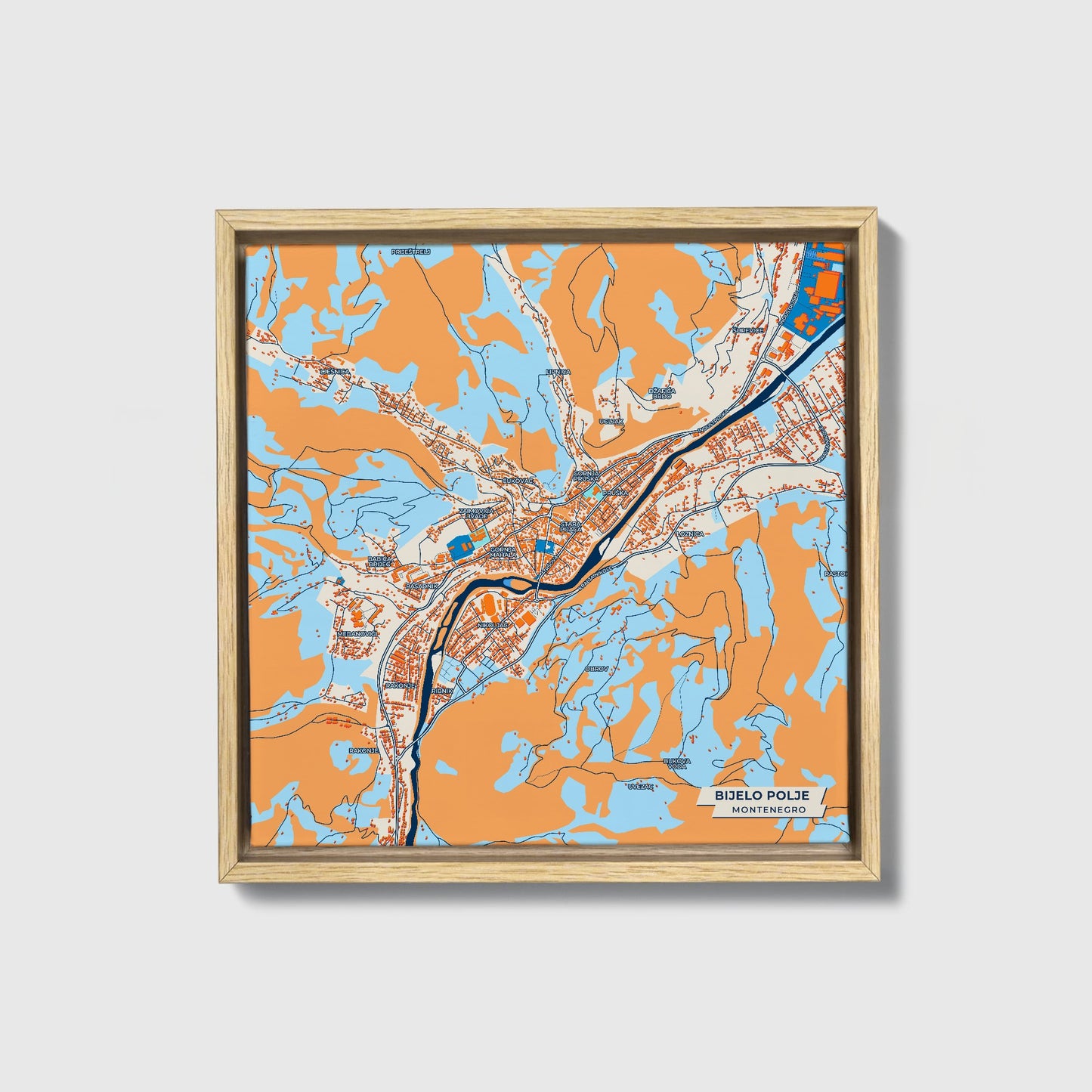 Bijelo Polje Montenegro Colorful City Map Canvas Print • Natural Wooden Framed