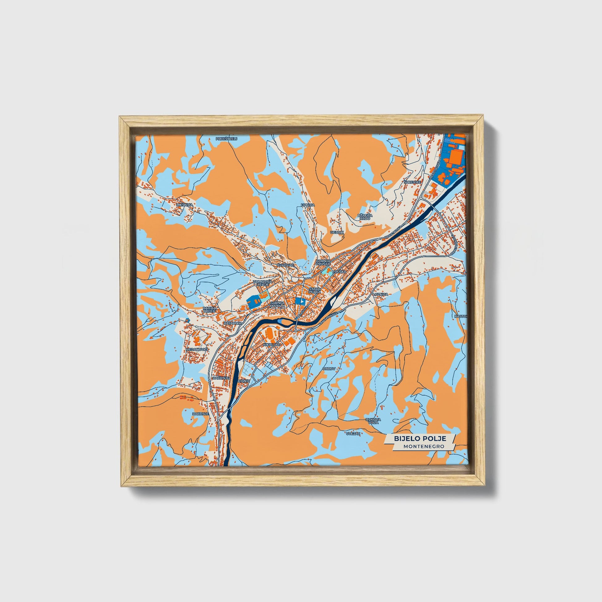 Bijelo Polje Montenegro Colorful City Map Canvas Print • Natural Wooden Framed