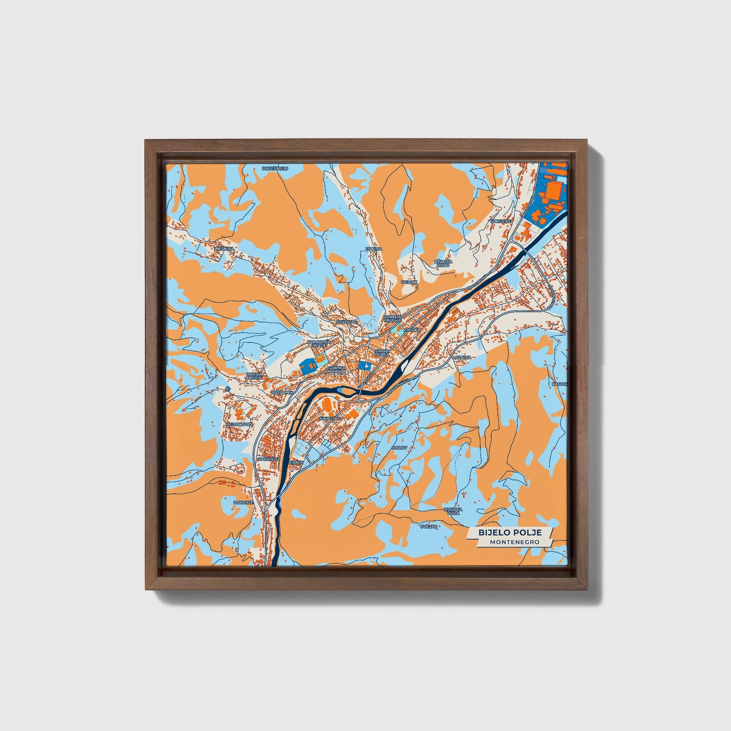 Bijelo Polje Montenegro Colorful City Map Canvas Print • Dark Wooden Framed