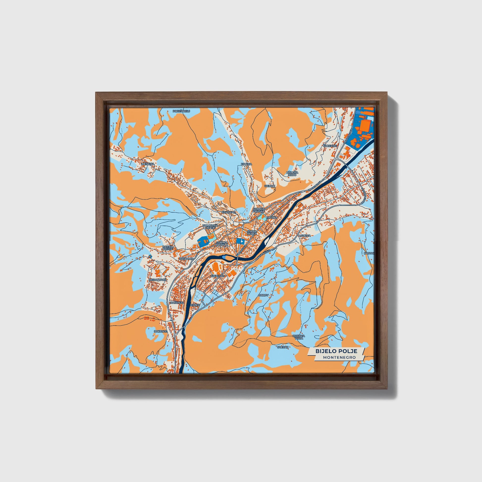 Bijelo Polje Montenegro Colorful City Map Canvas Print • Dark Wooden Framed