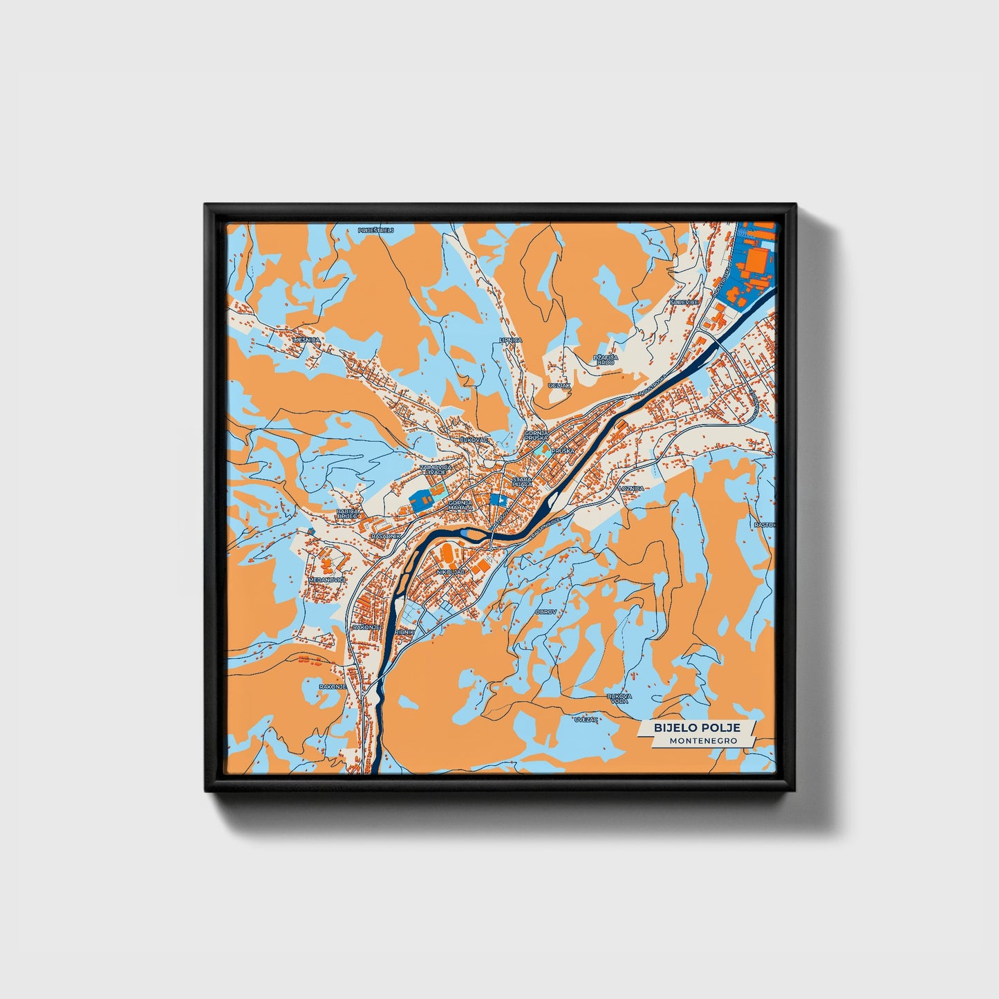 Bijelo Polje Montenegro Colorful City Map Canvas Print • Black Framed
