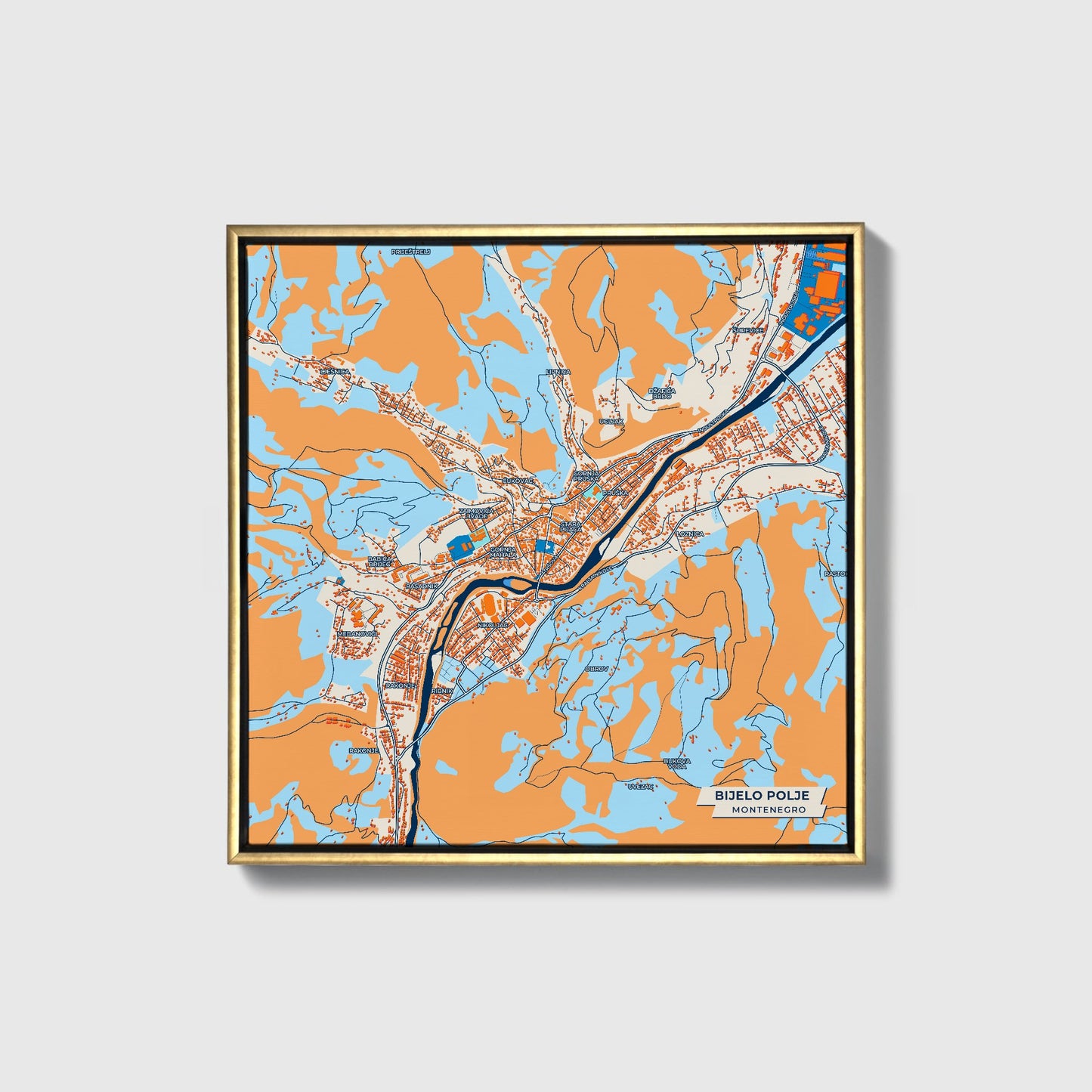 Bijelo Polje Montenegro Colorful City Map Canvas Print • Gold Framed