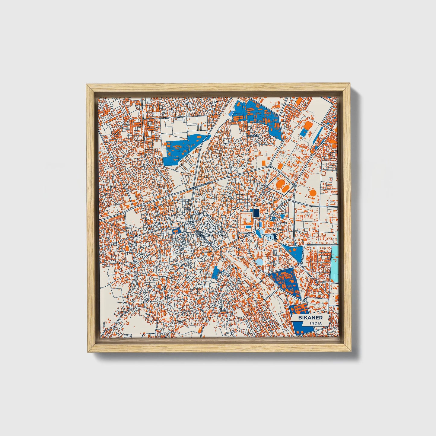 Bikaner India Colorful City Map Canvas Print • Natural Wooden Framed
