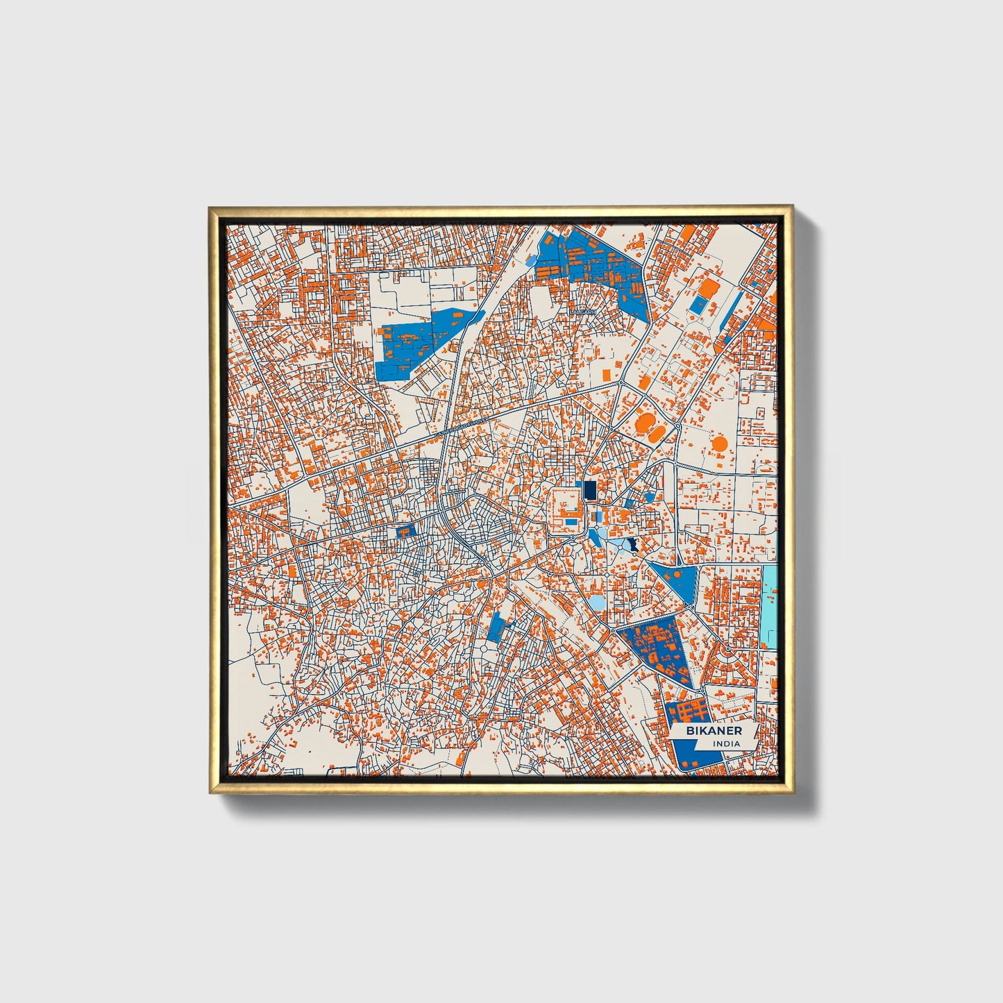 Bikaner India Colorful City Map Canvas Print • Gold Framed