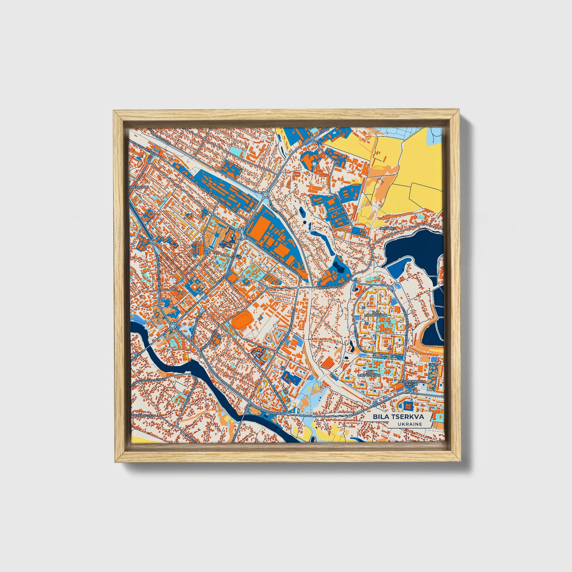 Біла Церква Ukraine Colorful City Map Canvas Print • Natural Wooden Framed