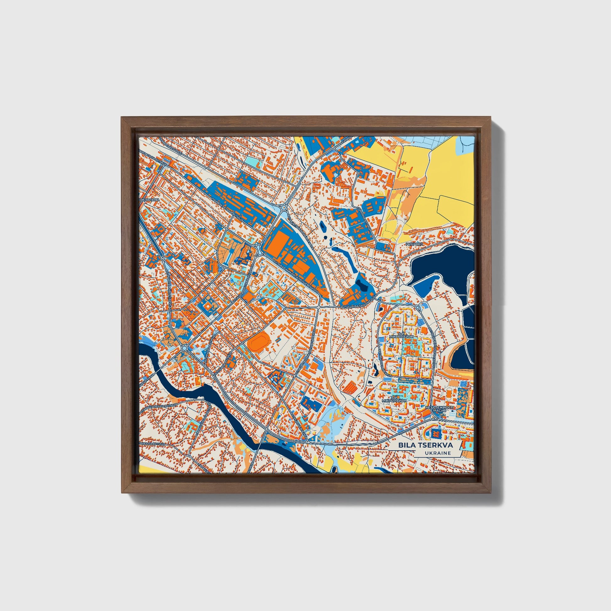 Біла Церква Ukraine Colorful City Map Canvas Print • Dark Wooden Framed