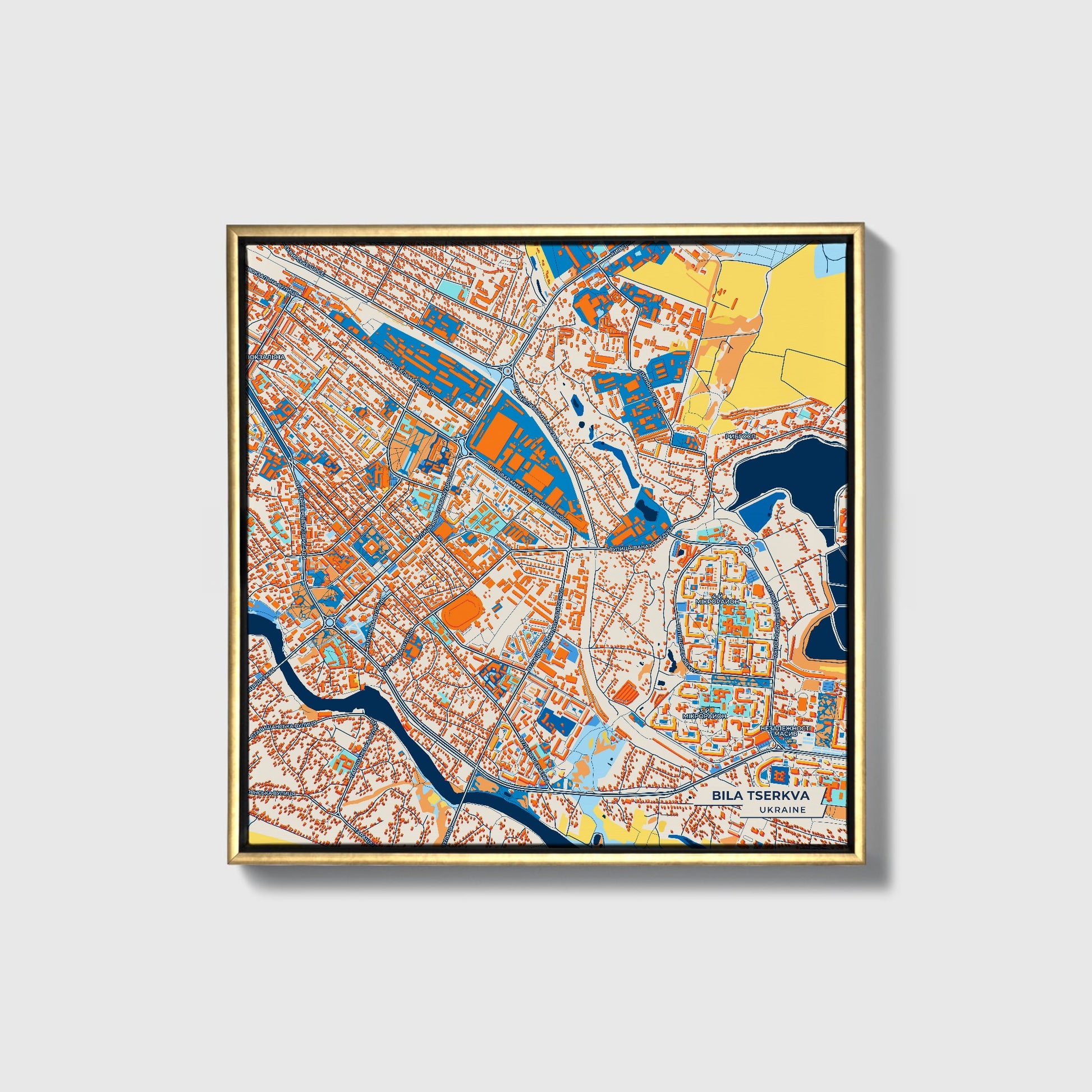 Біла Церква Ukraine Colorful City Map Canvas Print • Gold Framed