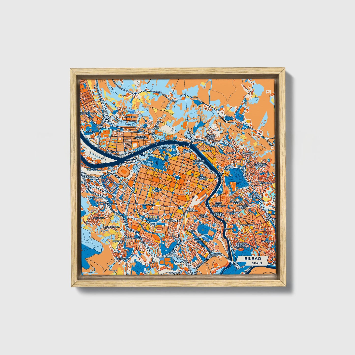 Bilbao Spain Colorful City Map Canvas Print • Natural Wooden Framed