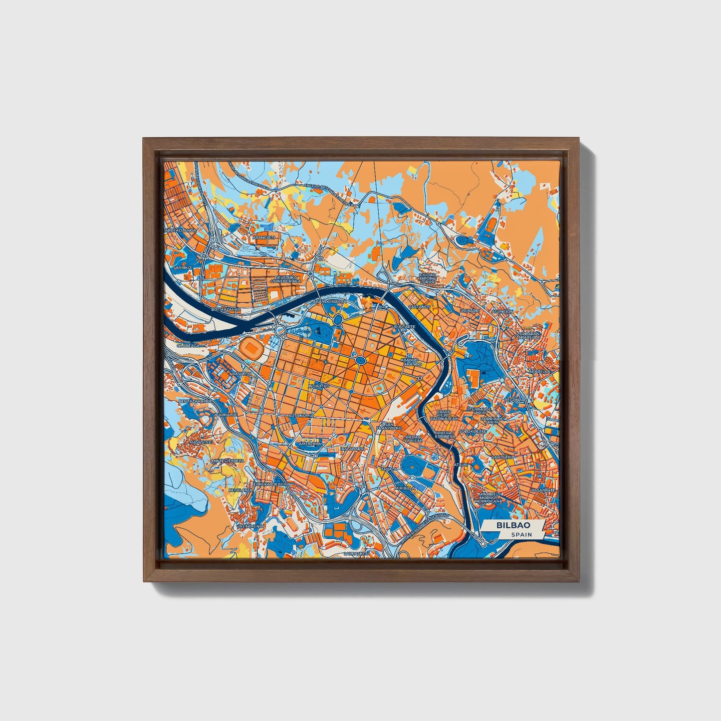 Bilbao Spain Colorful City Map Canvas Print • Dark Wooden Framed