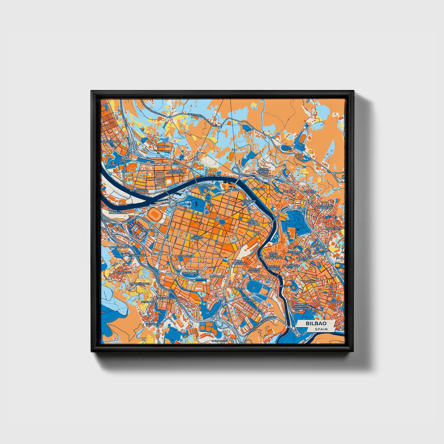 Bilbao Spain Colorful City Map Canvas Print • Black Framed
