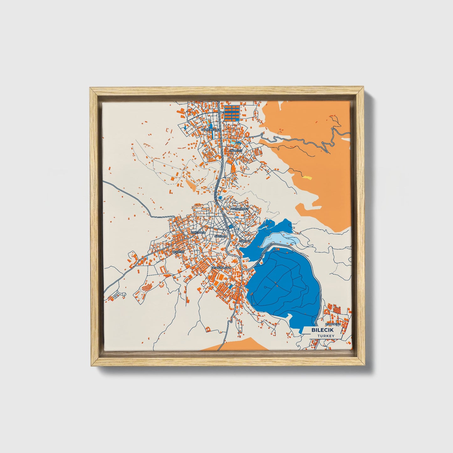 Bi̇leci̇k Turkey Colorful City Map Canvas Print • Natural Wooden Framed