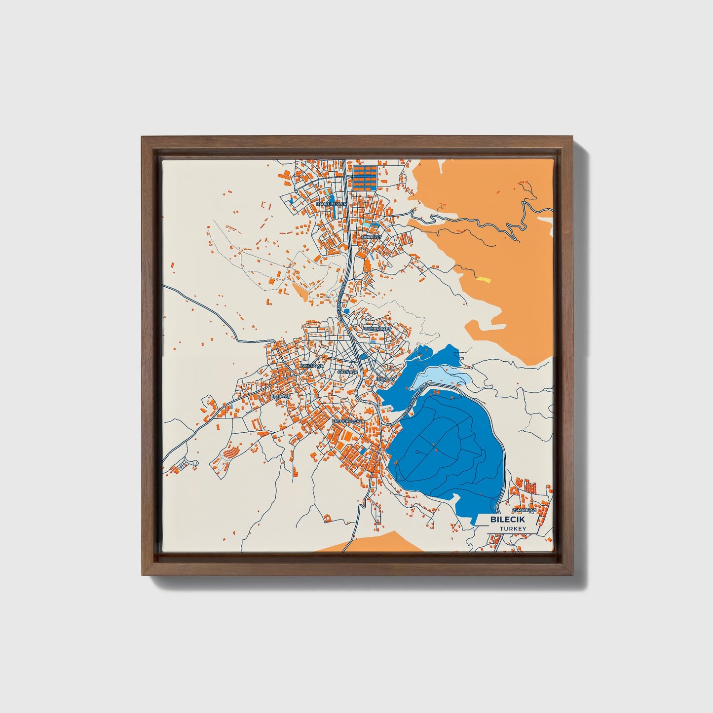 Bi̇leci̇k Turkey Colorful City Map Canvas Print • Dark Wooden Framed
