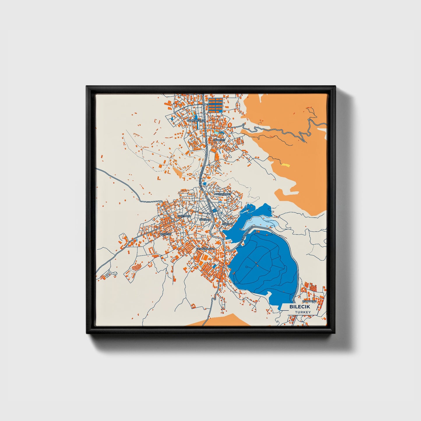 Bi̇leci̇k Turkey Colorful City Map Canvas Print • Black Framed