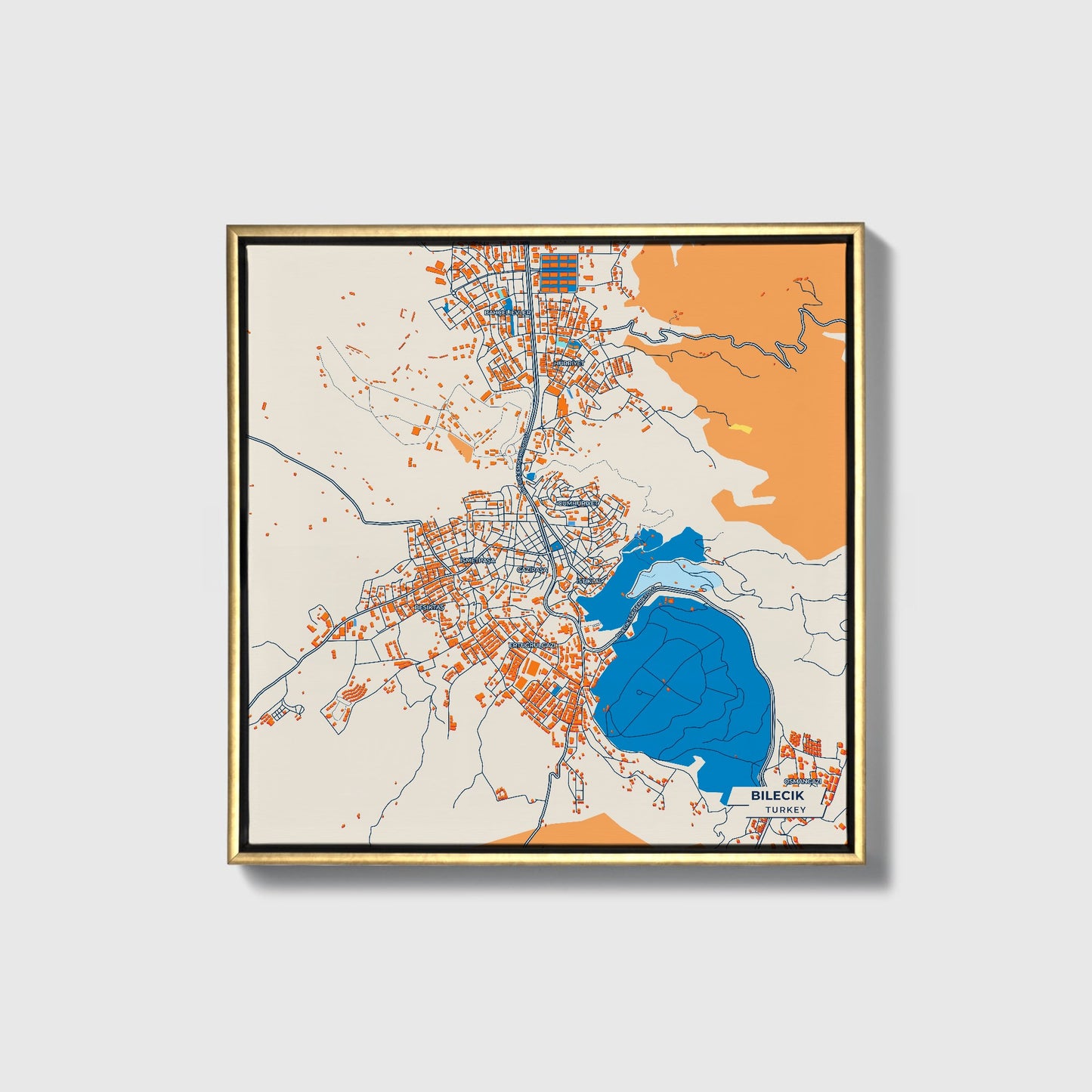 Bi̇leci̇k Turkey Colorful City Map Canvas Print • Gold Framed