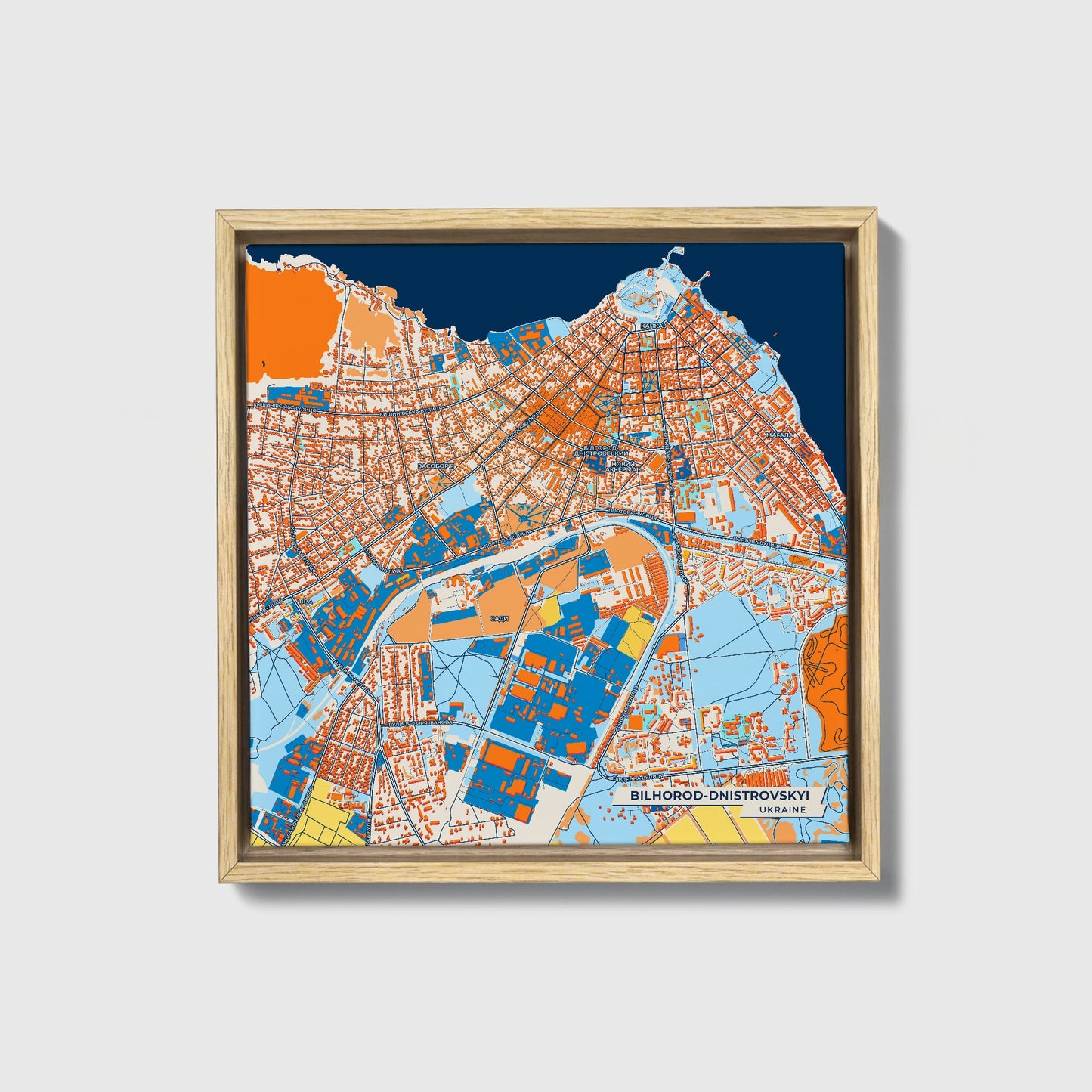 Білгород-Дністровський Ukraine Colorful City Map Canvas Print • Natural Wooden Framed