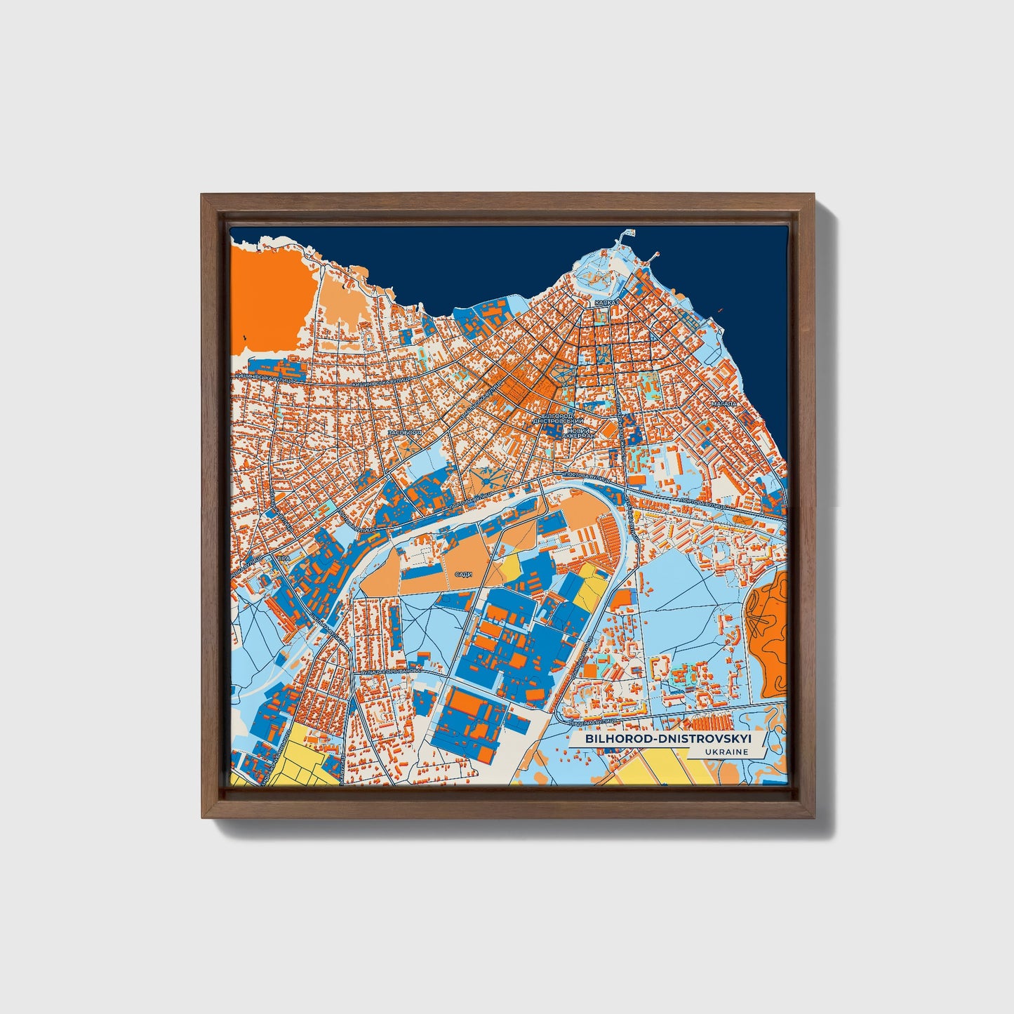 Білгород-Дністровський Ukraine Colorful City Map Canvas Print • Dark Wooden Framed