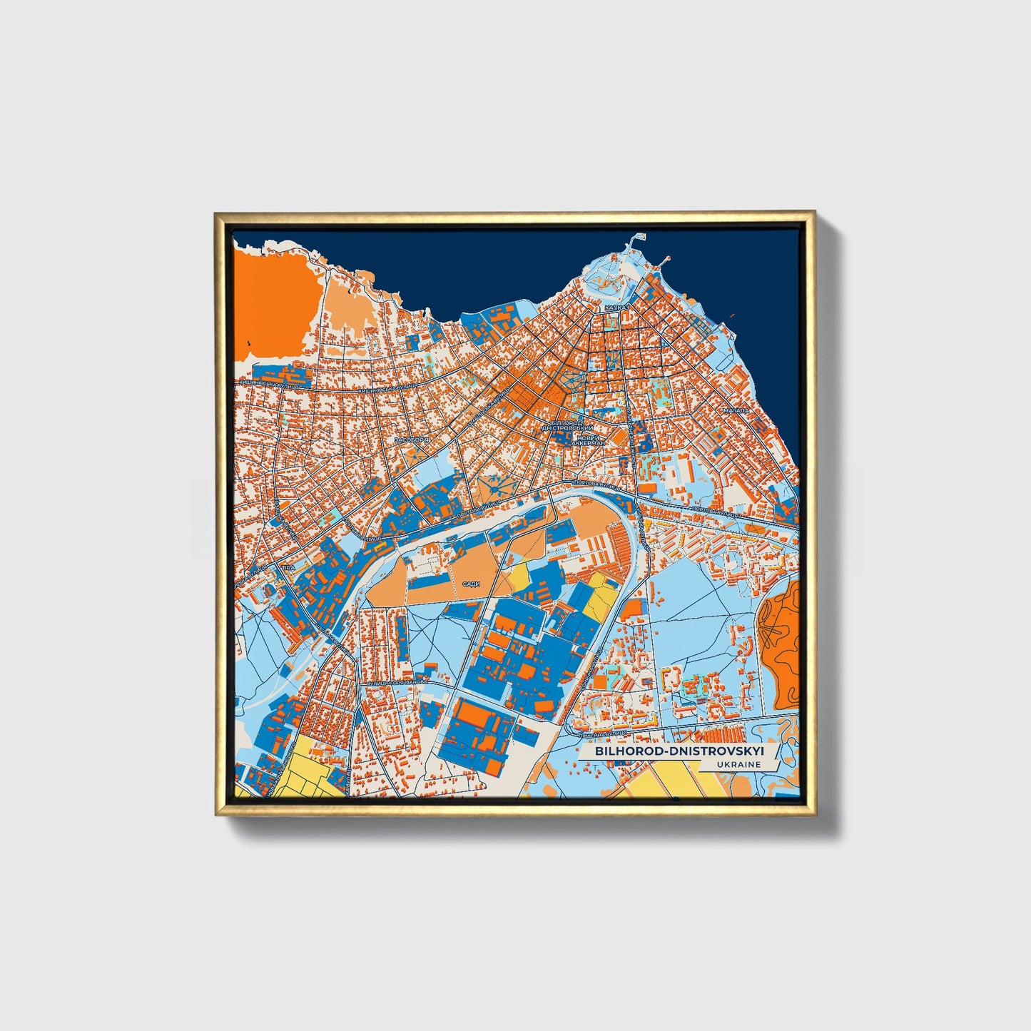 Білгород-Дністровський Ukraine Colorful City Map Canvas Print • Gold Framed