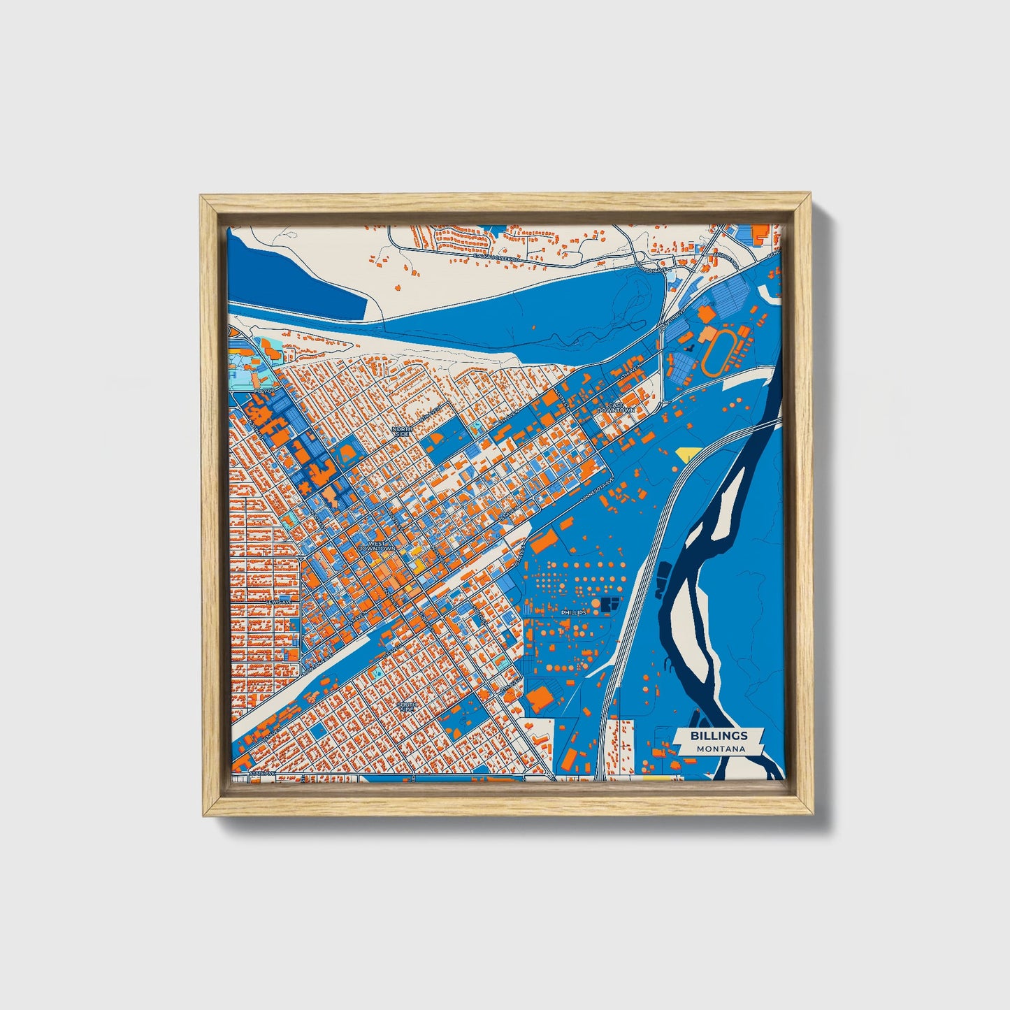 Billings Montana Colorful City Map Canvas Print • Natural Wooden Framed