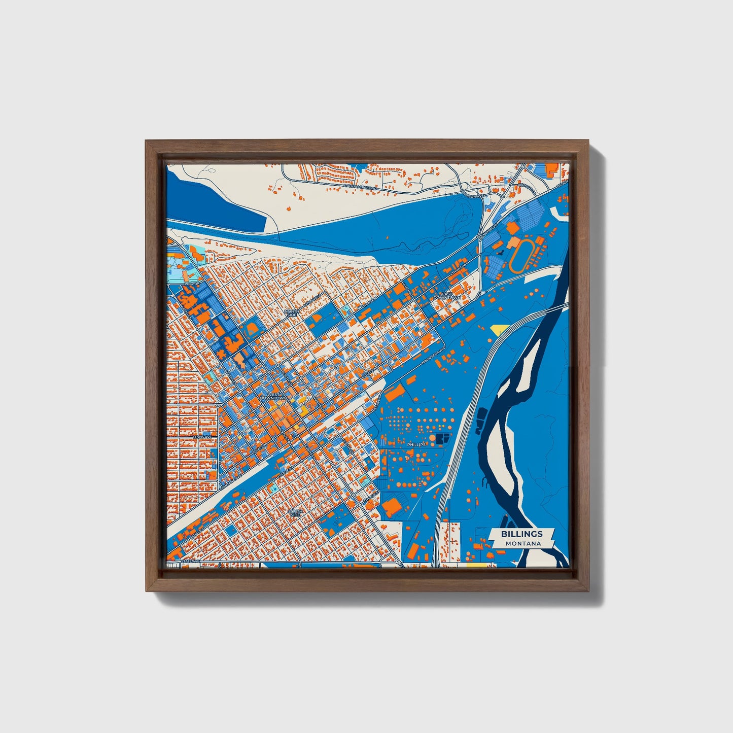 Billings Montana Colorful City Map Canvas Print • Dark Wooden Framed