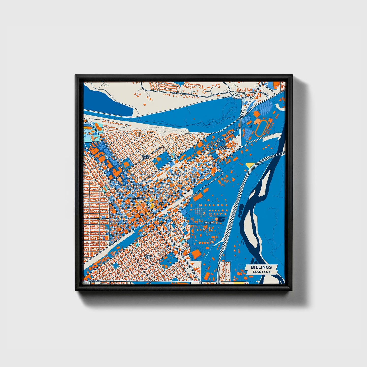 Billings Montana Colorful City Map Canvas Print • Black Framed