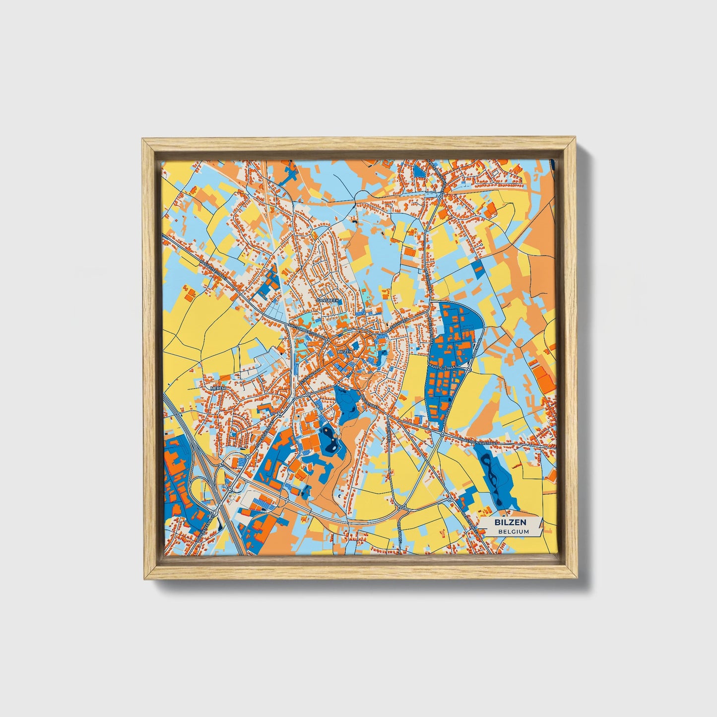 Bilzen Belgium Colorful City Map Canvas Print • Natural Wooden Framed