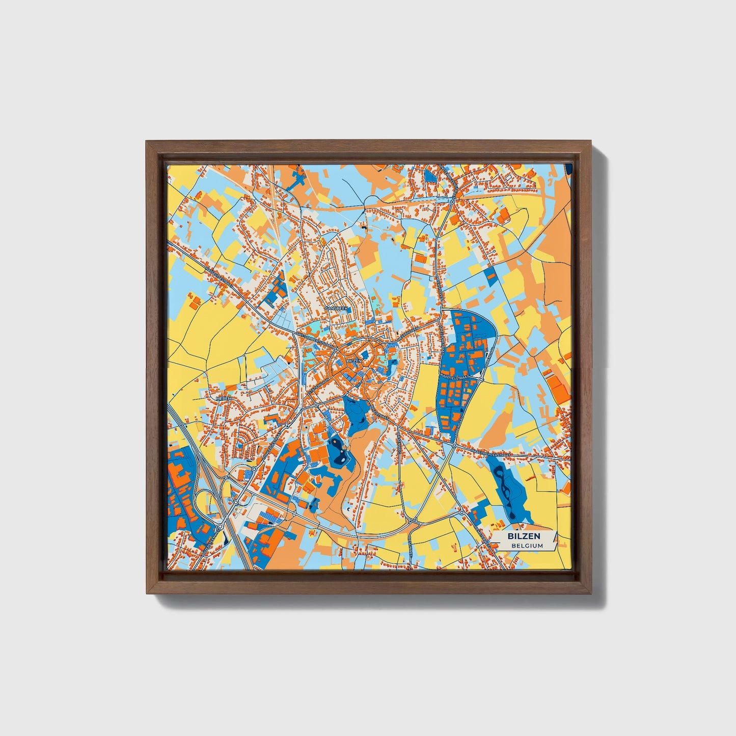 Bilzen Belgium Colorful City Map Canvas Print • Dark Wooden Framed
