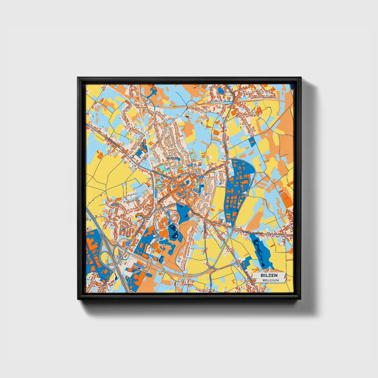Bilzen Belgium Colorful City Map Canvas Print • Black Framed