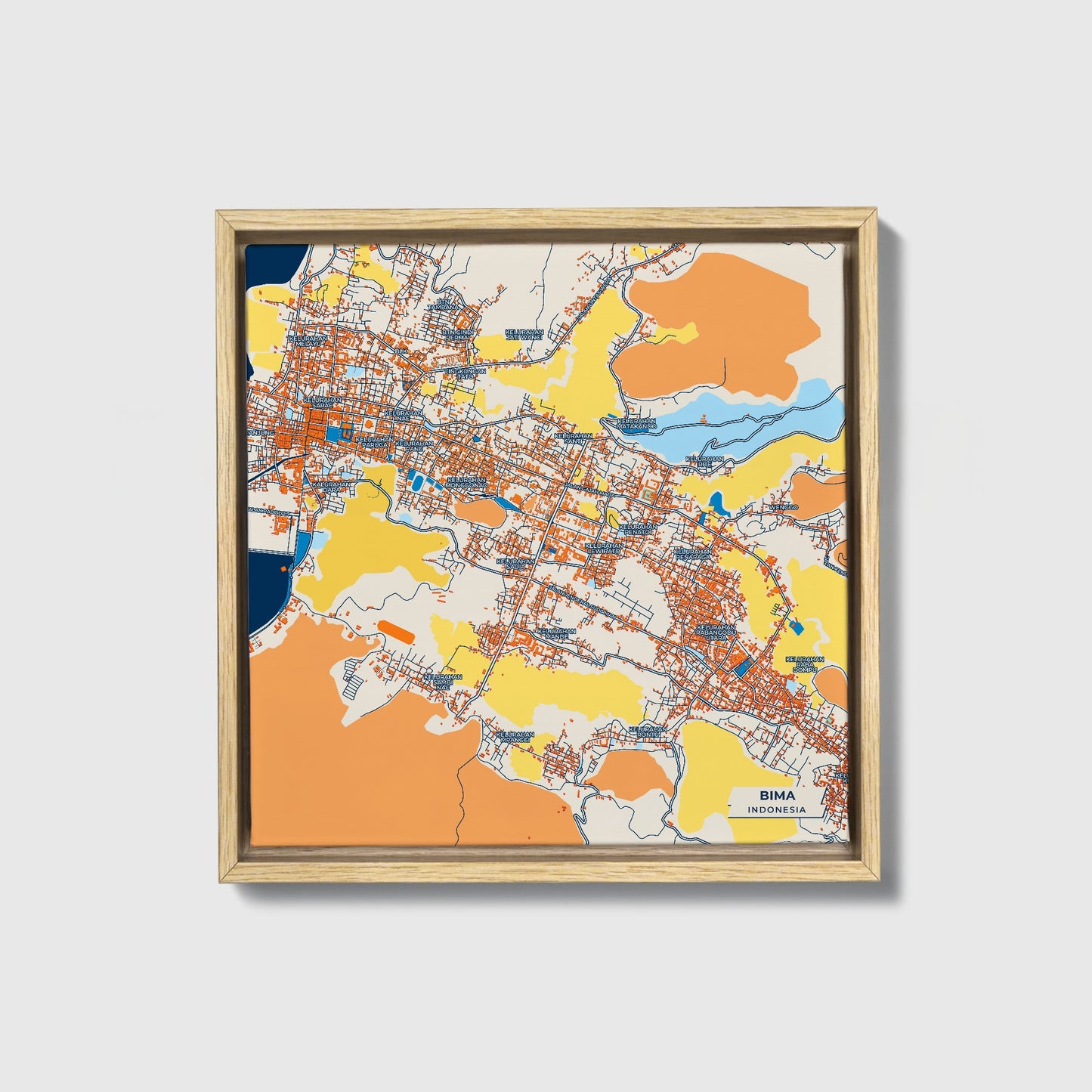 Bima Indonesia Colorful City Map Canvas Print • Natural Wooden Framed