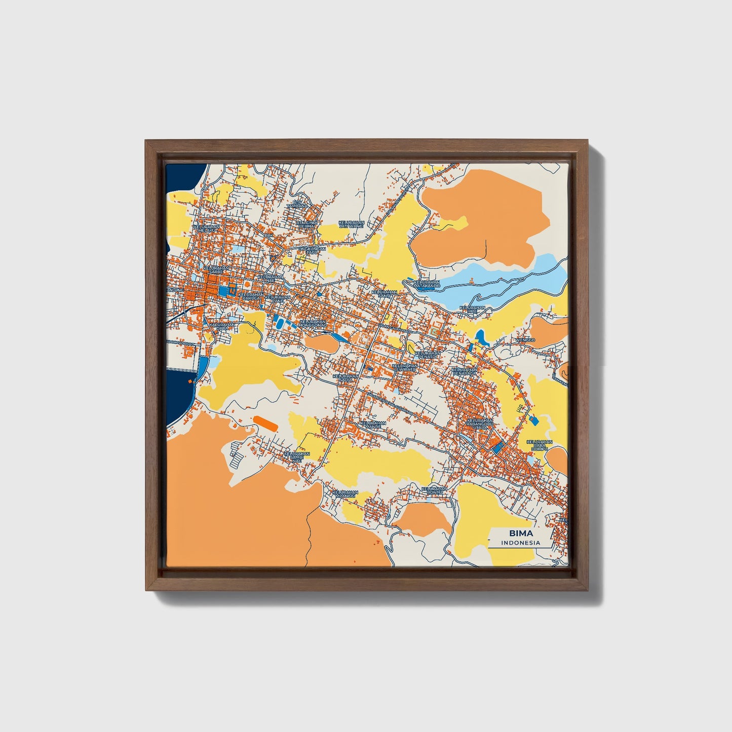Bima Indonesia Colorful City Map Canvas Print • Dark Wooden Framed