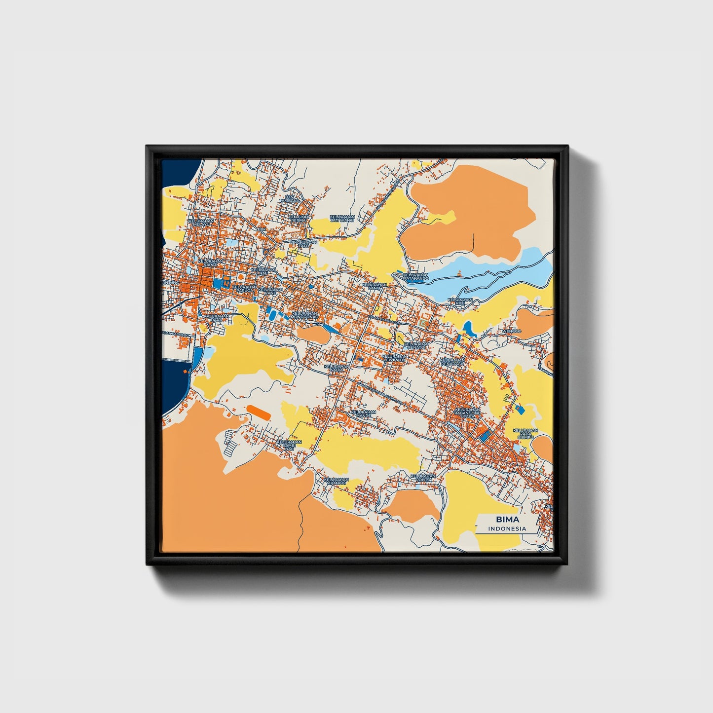 Bima Indonesia Colorful City Map Canvas Print • Black Framed