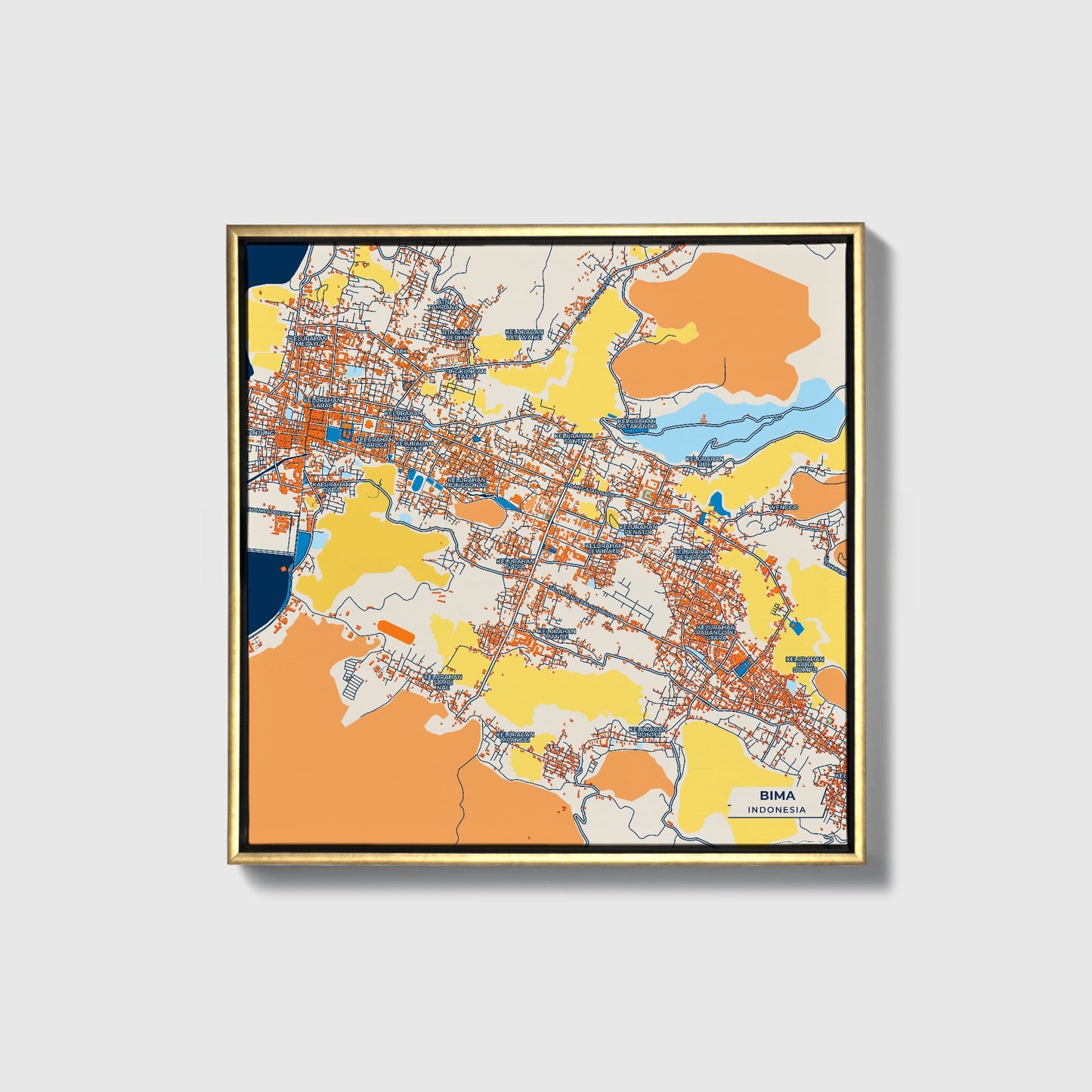 Bima Indonesia Colorful City Map Canvas Print • Gold Framed