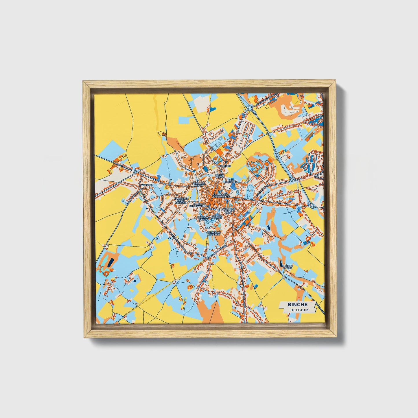 Binche Belgium Colorful City Map Canvas Print • Natural Wooden Framed