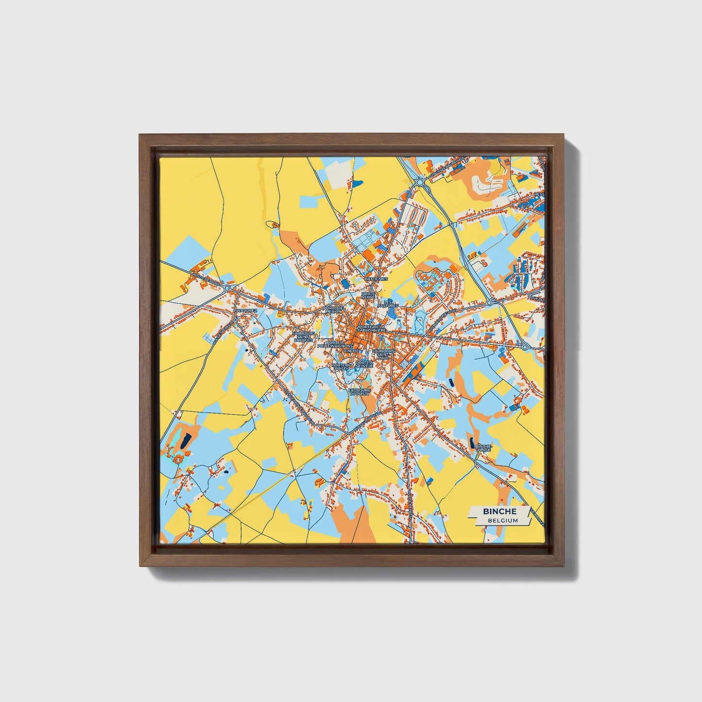 Binche Belgium Colorful City Map Canvas Print • Dark Wooden Framed