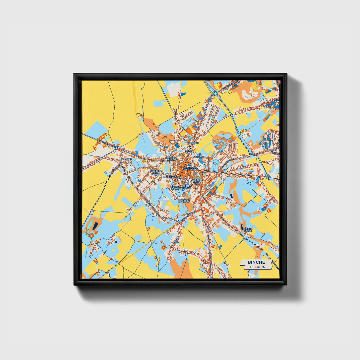 Binche Belgium Colorful City Map Canvas Print • Black Framed
