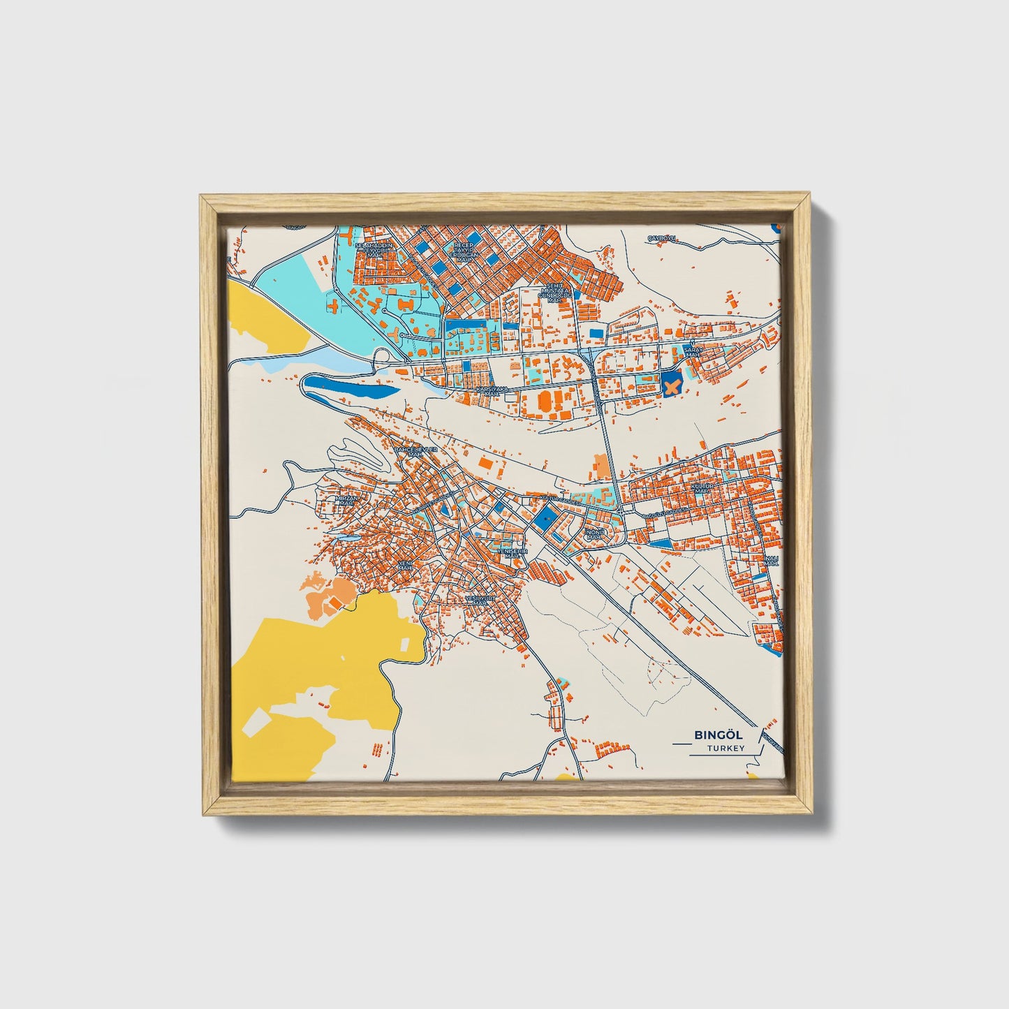 Bi̇ngöl Turkey Colorful City Map Canvas Print • Natural Wooden Framed