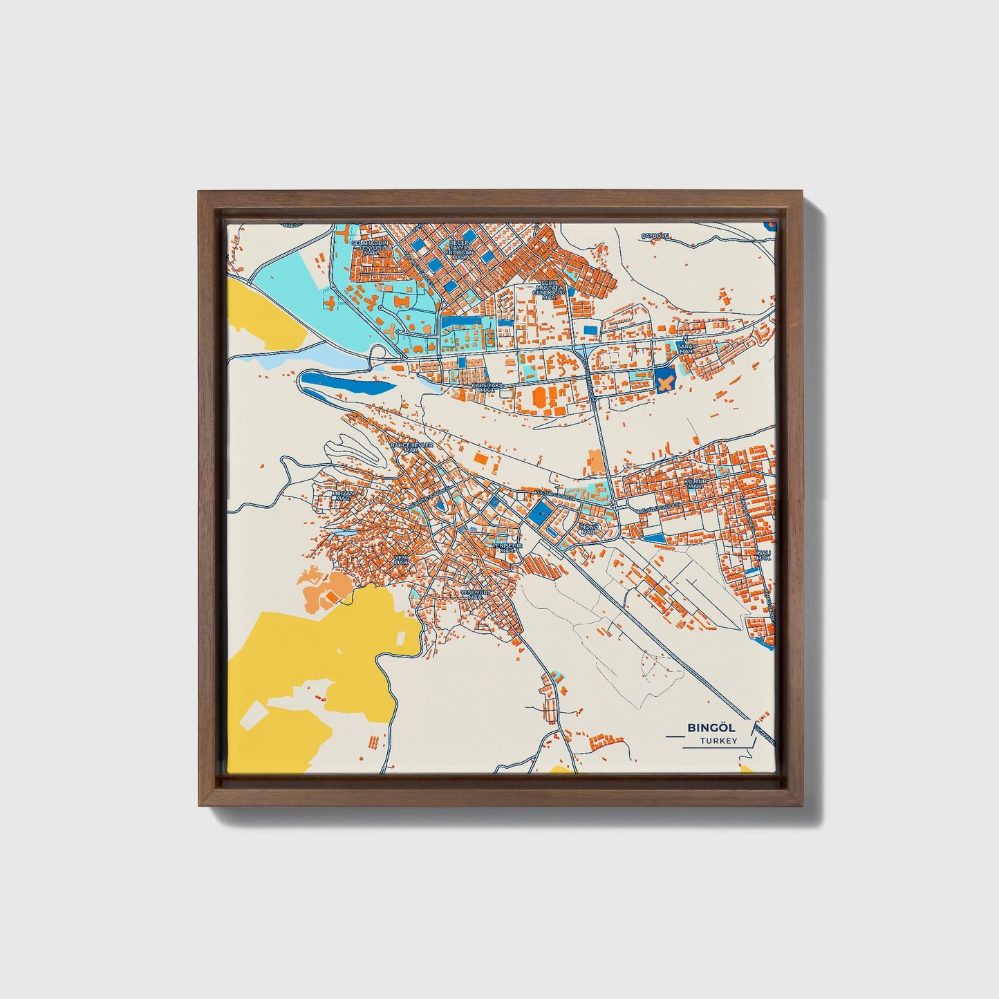 Bi̇ngöl Turkey Colorful City Map Canvas Print • Dark Wooden Framed