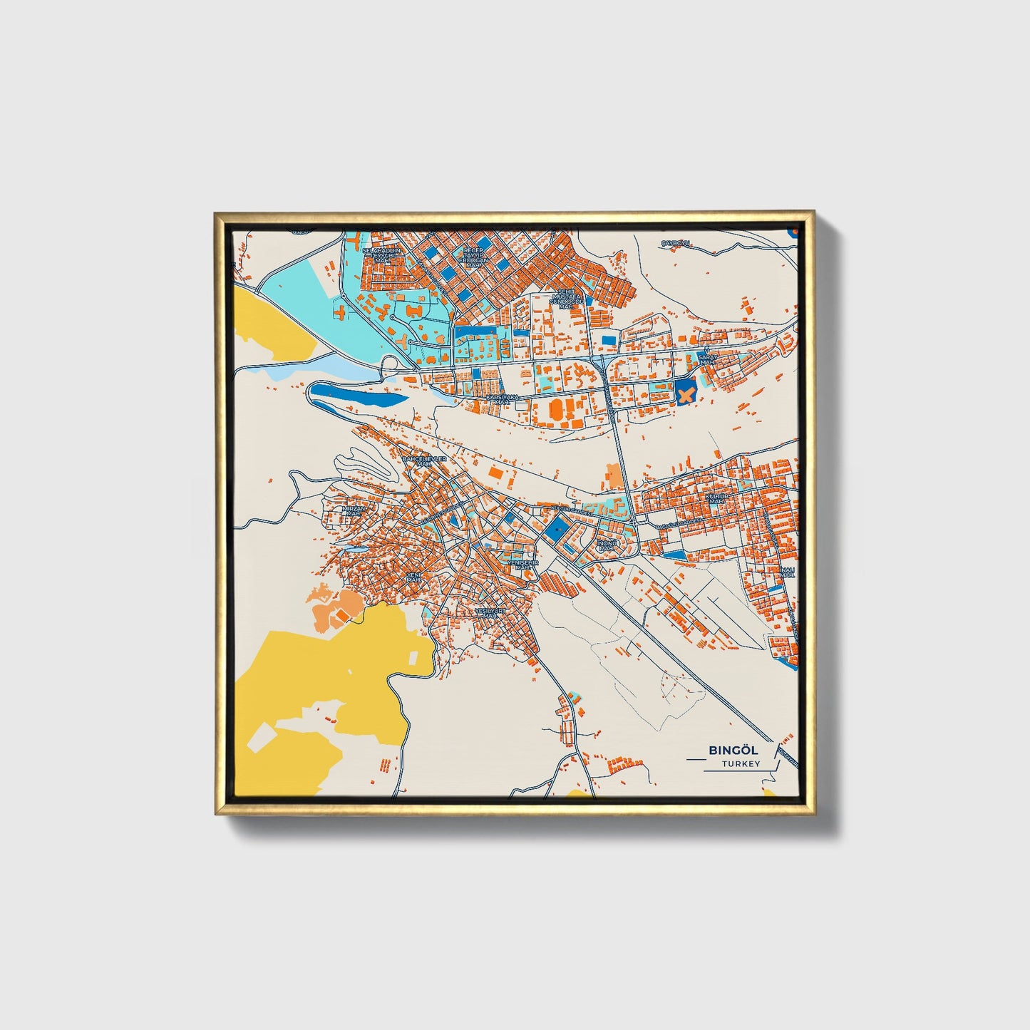 Bi̇ngöl Turkey Colorful City Map Canvas Print • Gold Framed