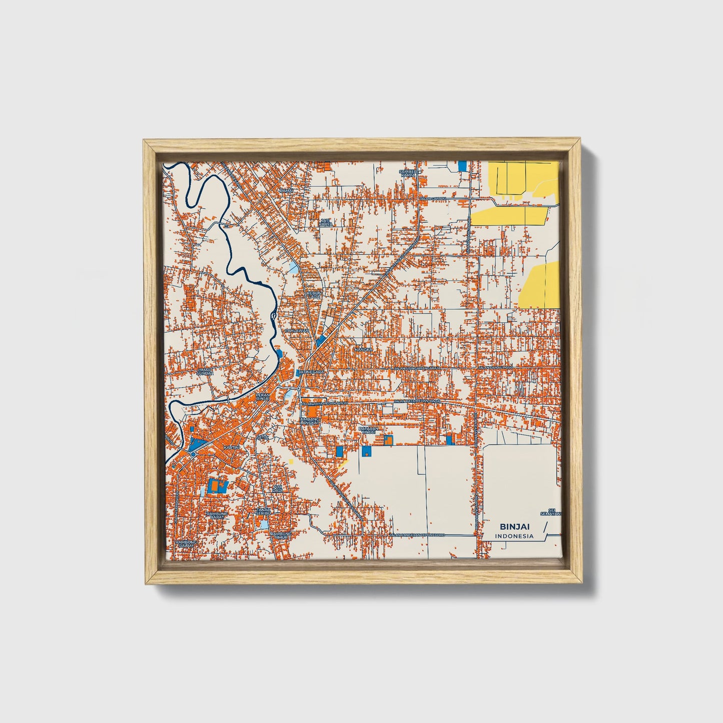 Binjai Indonesia Colorful City Map Canvas Print • Natural Wooden Framed