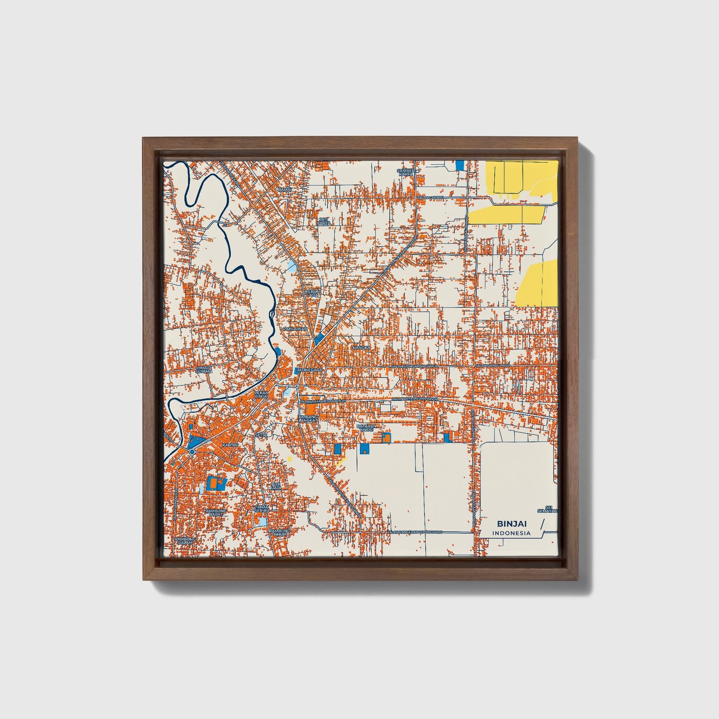 Binjai Indonesia Colorful City Map Canvas Print • Dark Wooden Framed